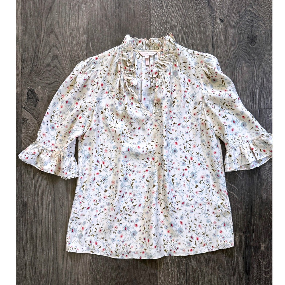 Rebecca Taylor Floral Ruffle Silk Blouse 0 Cream Pink Blue Floral 100% Silk NWOT